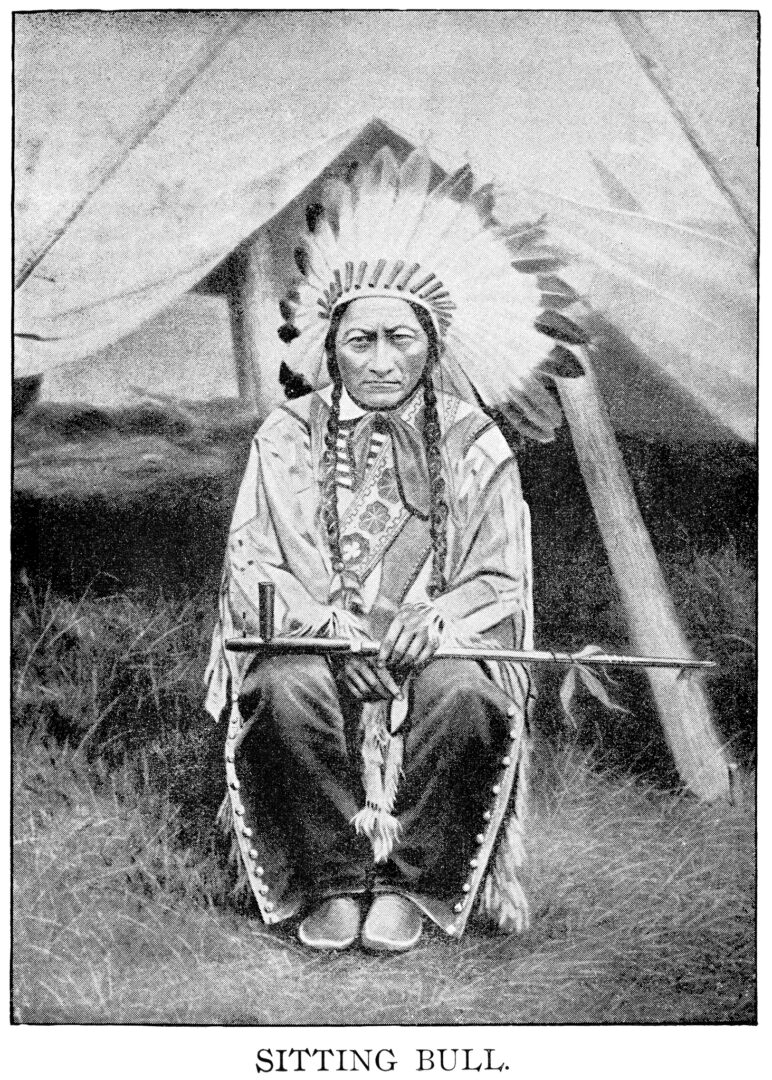 Halftone print of Sitting Bull, Hunkpapa Lakota chief, a Native American, sitting with feather headress and peace pipe.