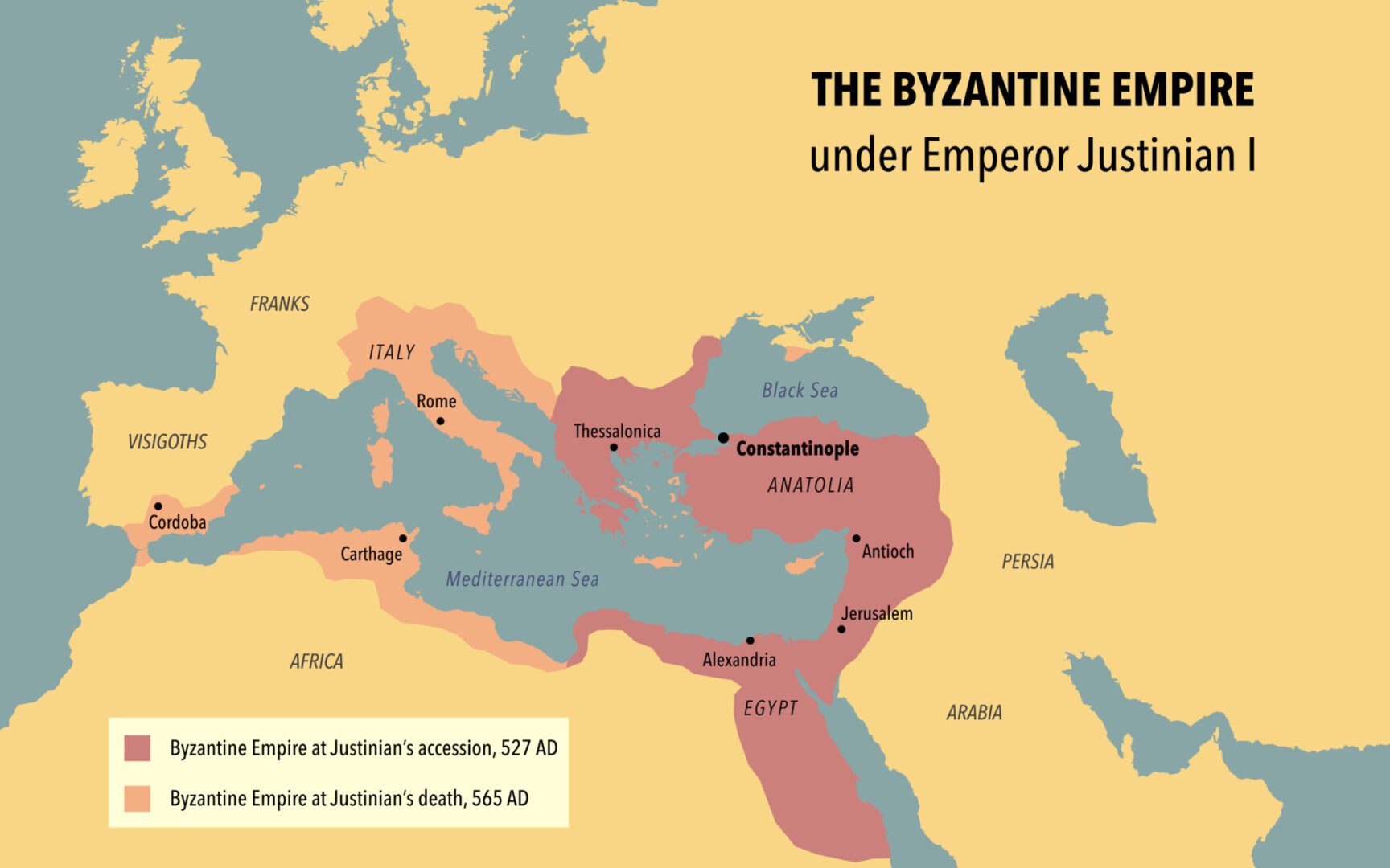The Byzantine empire under Emperor Justinian I, before his accession and after his death