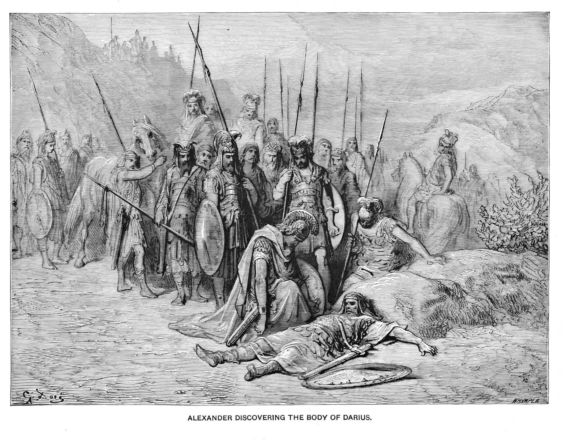 Alexander the Great discovering the body of Darius engraving 1894