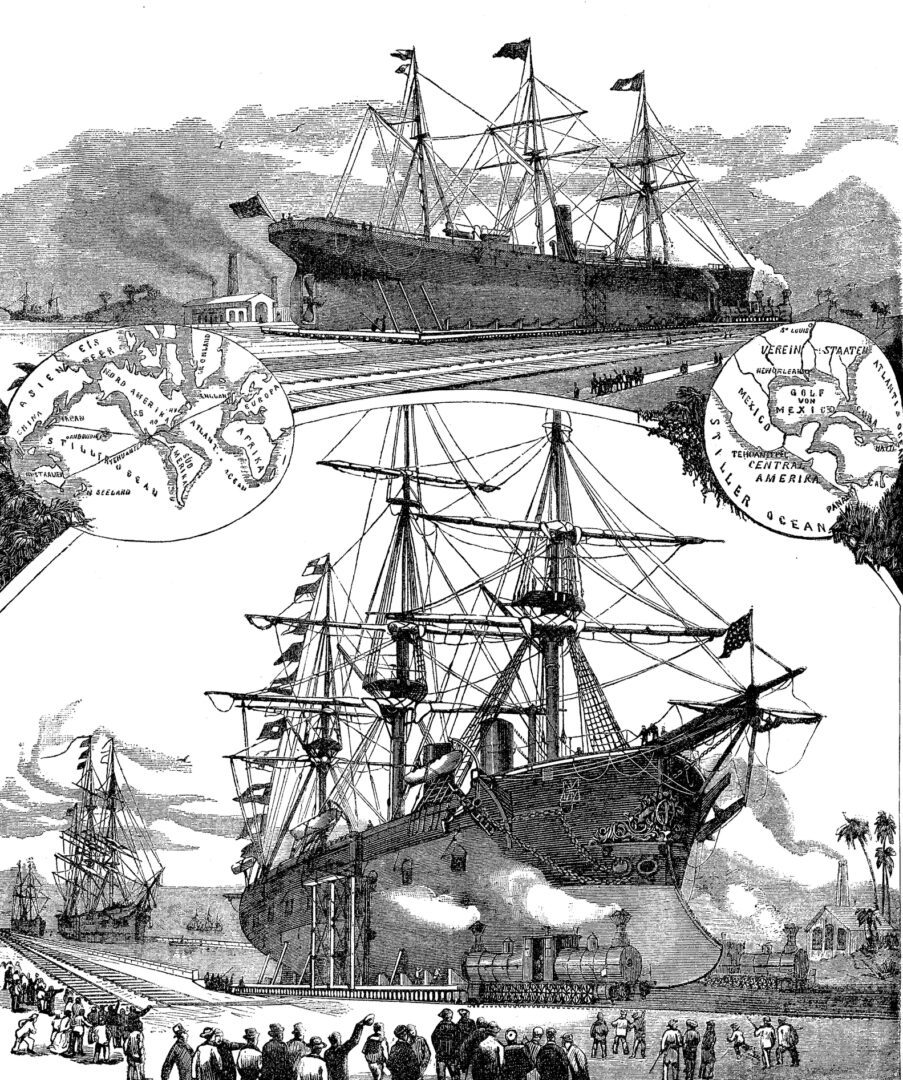 The Panama Canal Railway is a railway line linking the Atlantic Ocean to the Pacific Ocean in Central America. Opened in 1855, the railway preceded the Panama Canal: the ship canal was later constructed parallel to the railway, vintage illustration