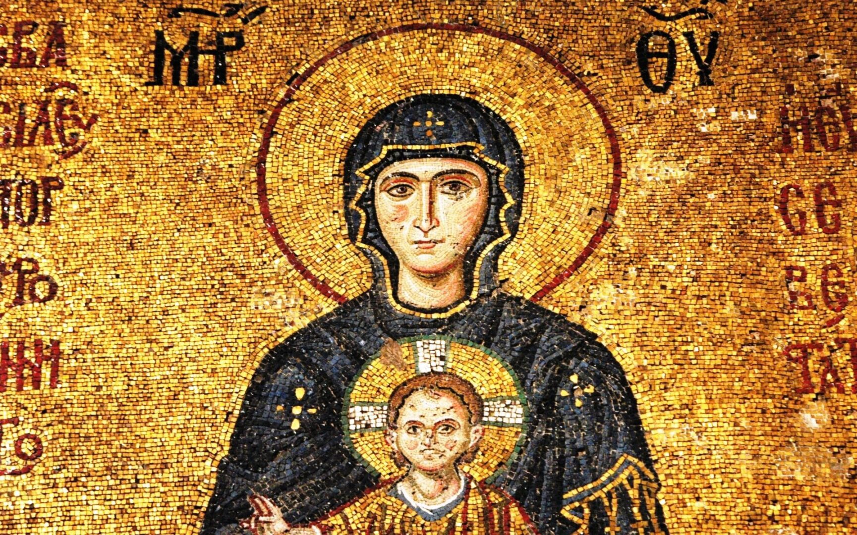 Mosaic of Virgin Mary and Infant Jesus Christ found in the old church of Hagia Sophia in Istanbul, Turkey. Constructed during Byzantine era.