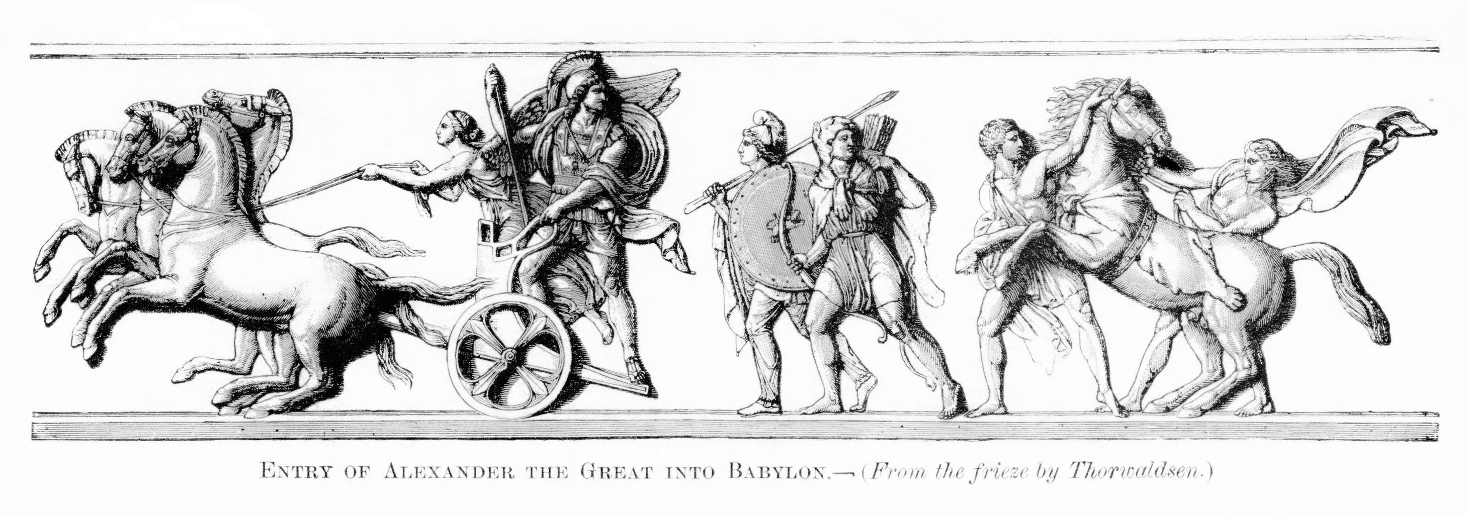 Alexander the Great, a Macedonian king, conquered Babylon, the center of the Persian Empire. Athena, Greek goddess of war, is driving the chariot. Illustration published 1888. This edition is in my private collection. Copyright is in public domain.