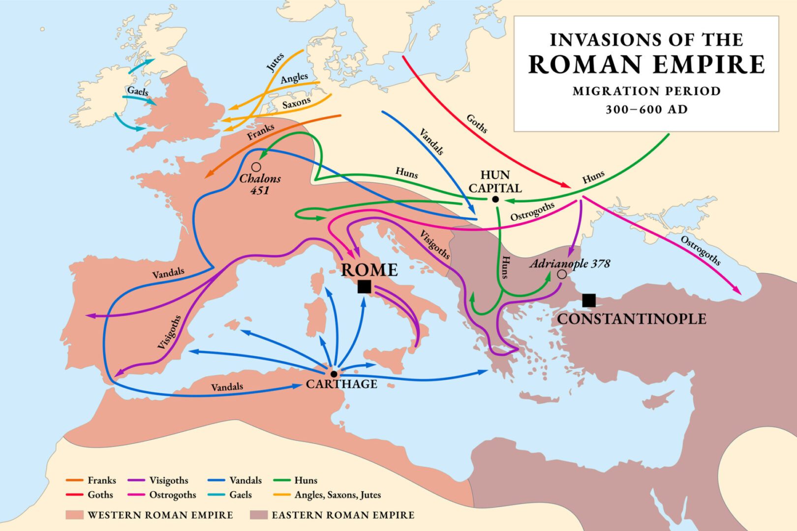 Invasions of the Roman Empire, historical map of the Migration Period