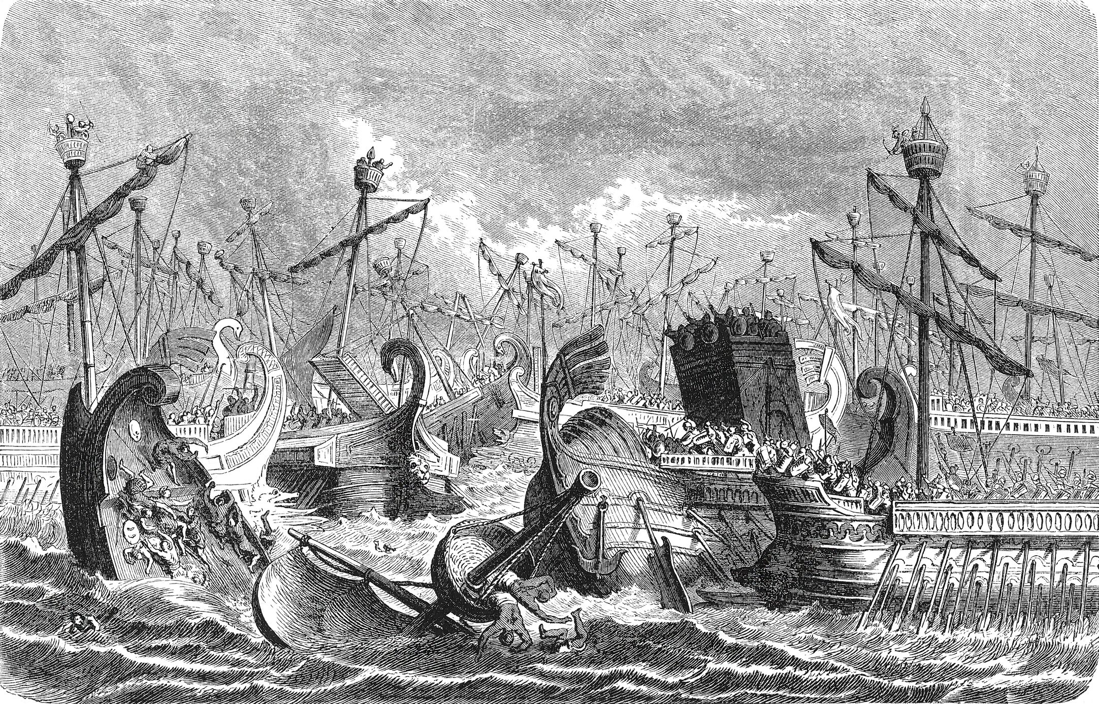 Roman warships ramming and sinking Carthaginian vessels during decisive naval battle at Aegates Islands, showing ancient maritime warfare tactics and naval battle dynamics, old vintage illustration, 1880.