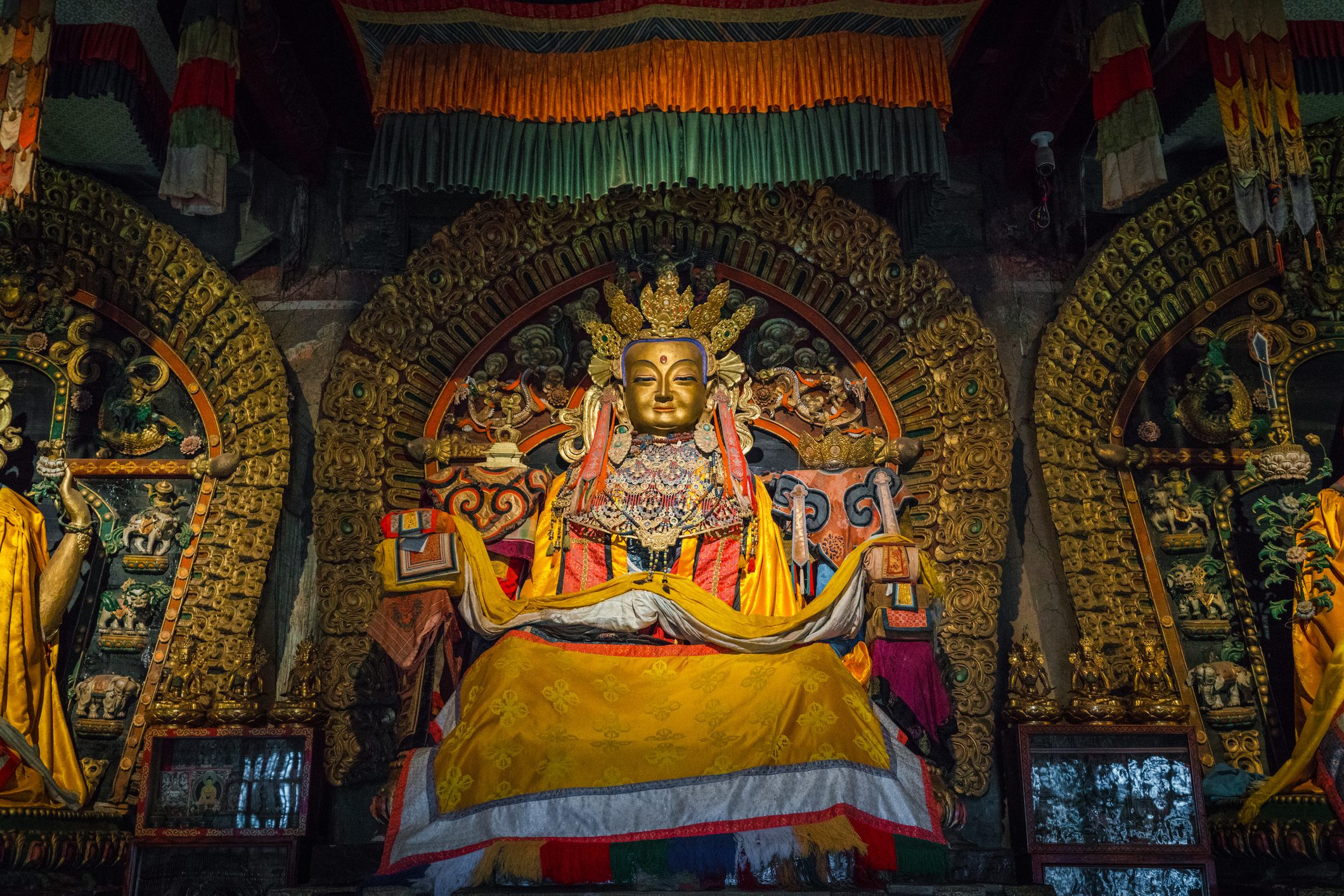 Buddhist temple interior in Mongolian tribe village, Tibet