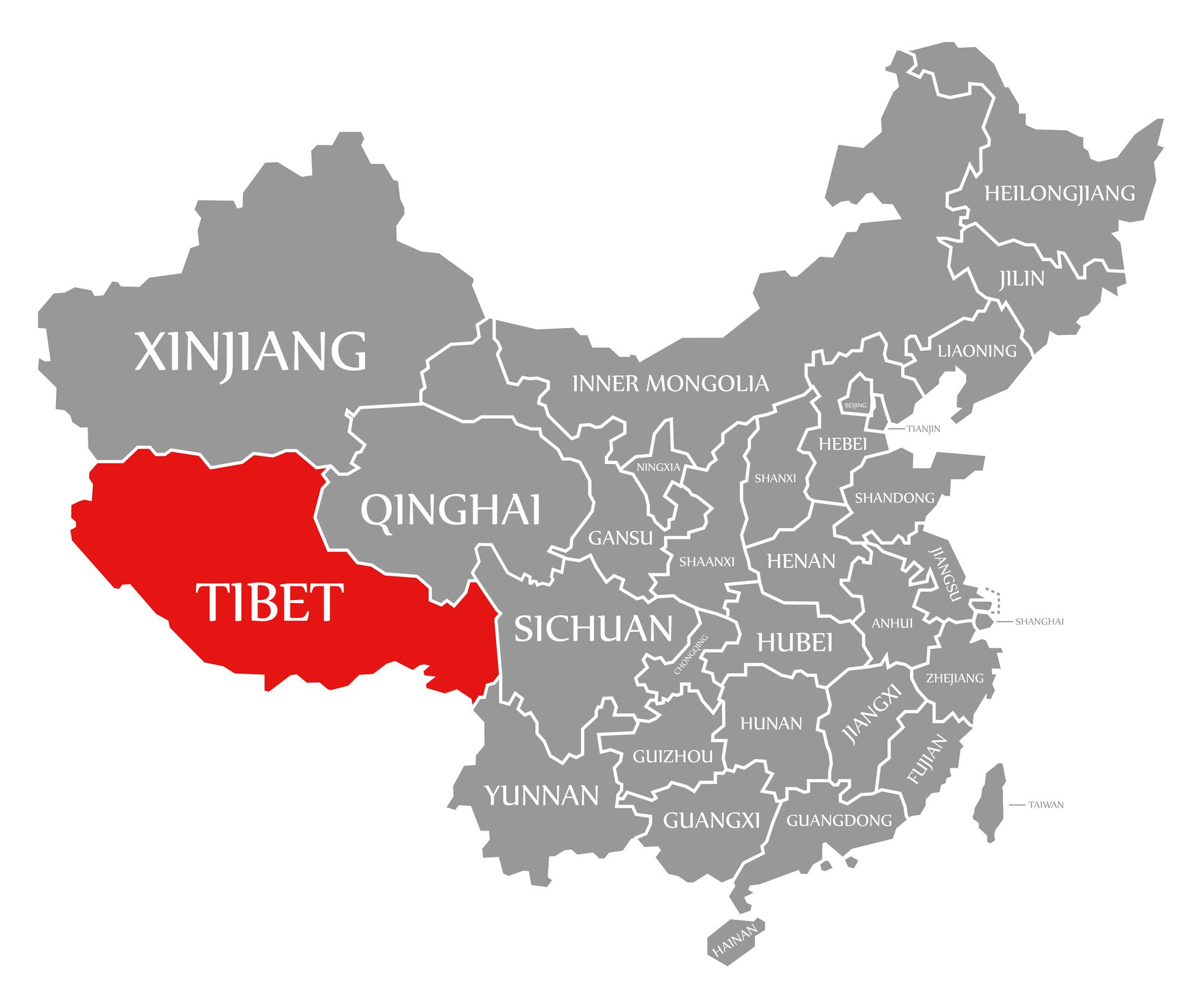 Tibet red highlighted in map of China